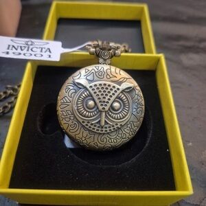 Invicta Vintage Nocturnal 47mm OWL Pocket Watch w/Chain Bronze Tone Quartz